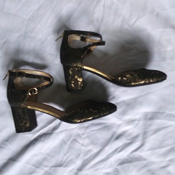 Black & Gold Floral Double Ankle Strap Block Heels - Picture 4 of 8